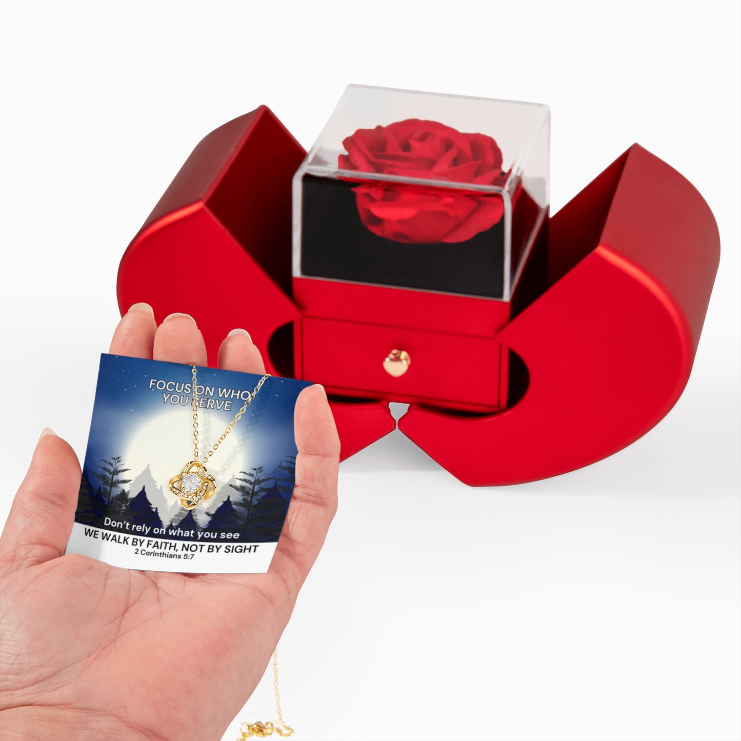 We Walk By Faith, Not By Sight (2 Corinthians 5:7) | Love Knot Necklace in Red Heart Rose Box