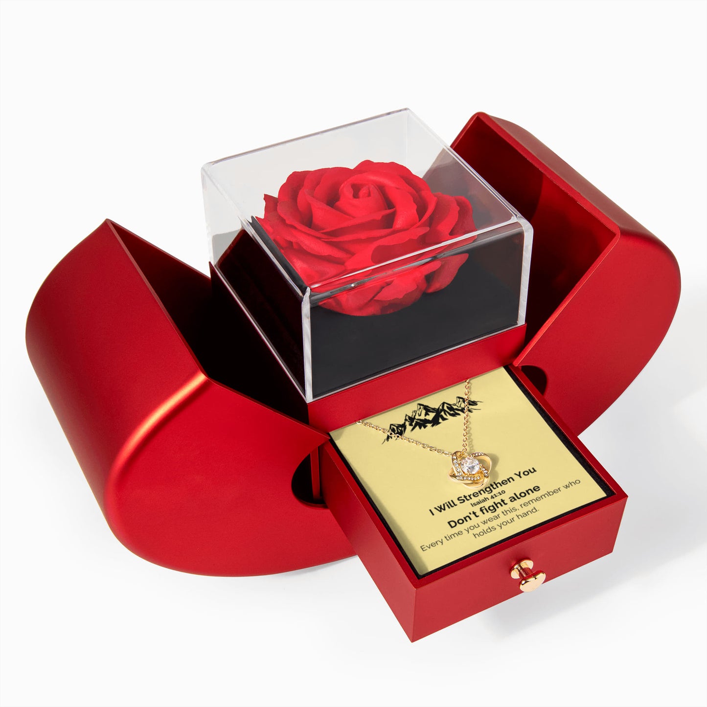 I Will Strengthen You (Isaiah 41:10) | Love Knot Necklace in Red Heart Rose Box