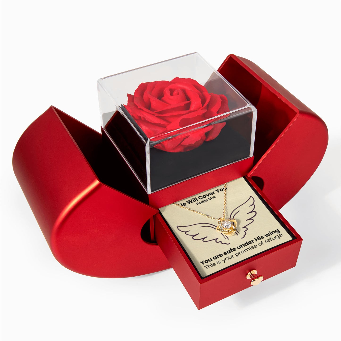 He Will Cover You (Psalm 91:4) | Love Knot Necklace in Red Heart Rose Box