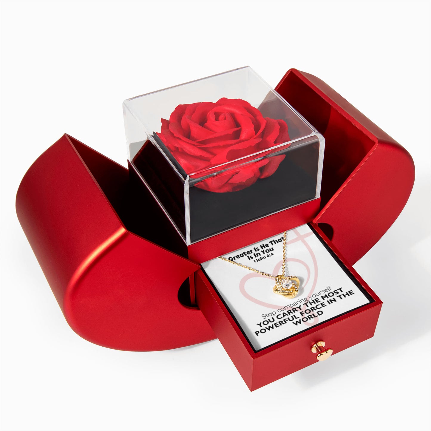 Greater Is He That Is In You (1 John 4:4) | Love Knot Necklace in Red Heart Rose Box