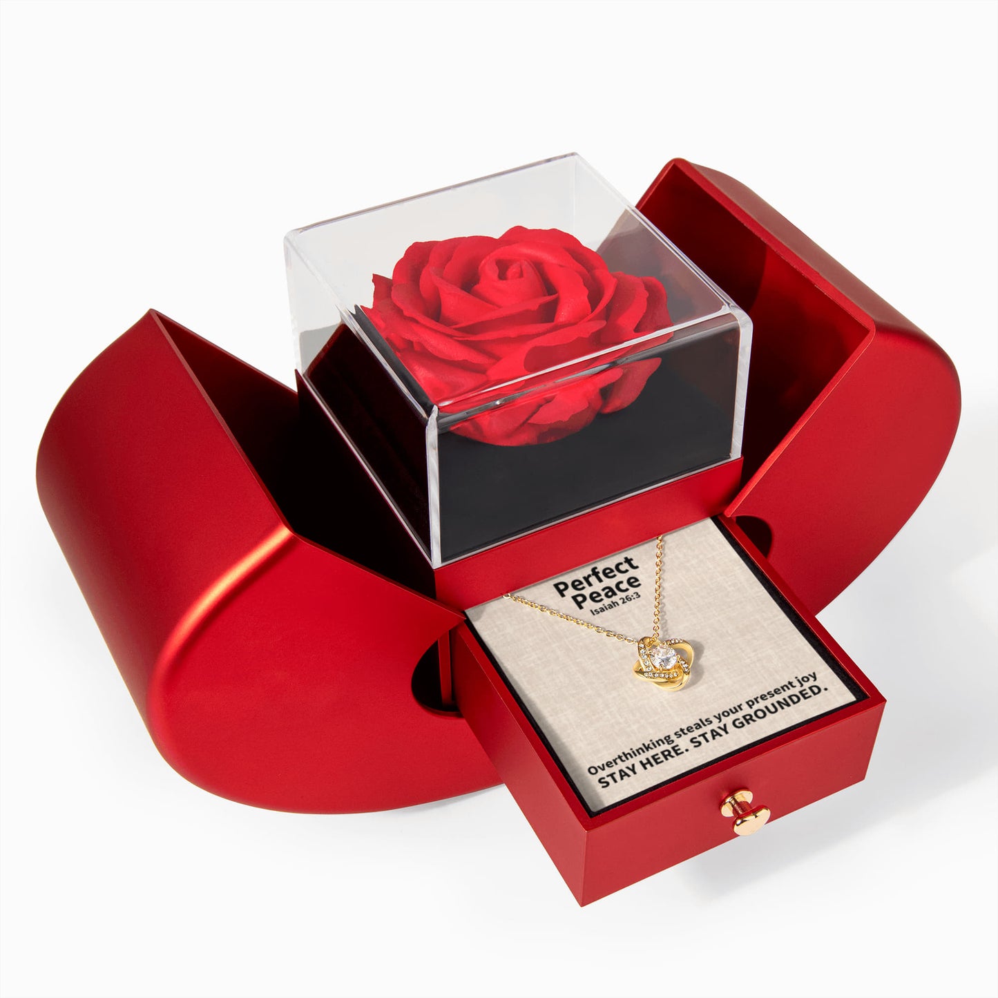 Perfect Peace (Isaiah 26:3) | Love Knot Necklace in Red Heart Rose Box