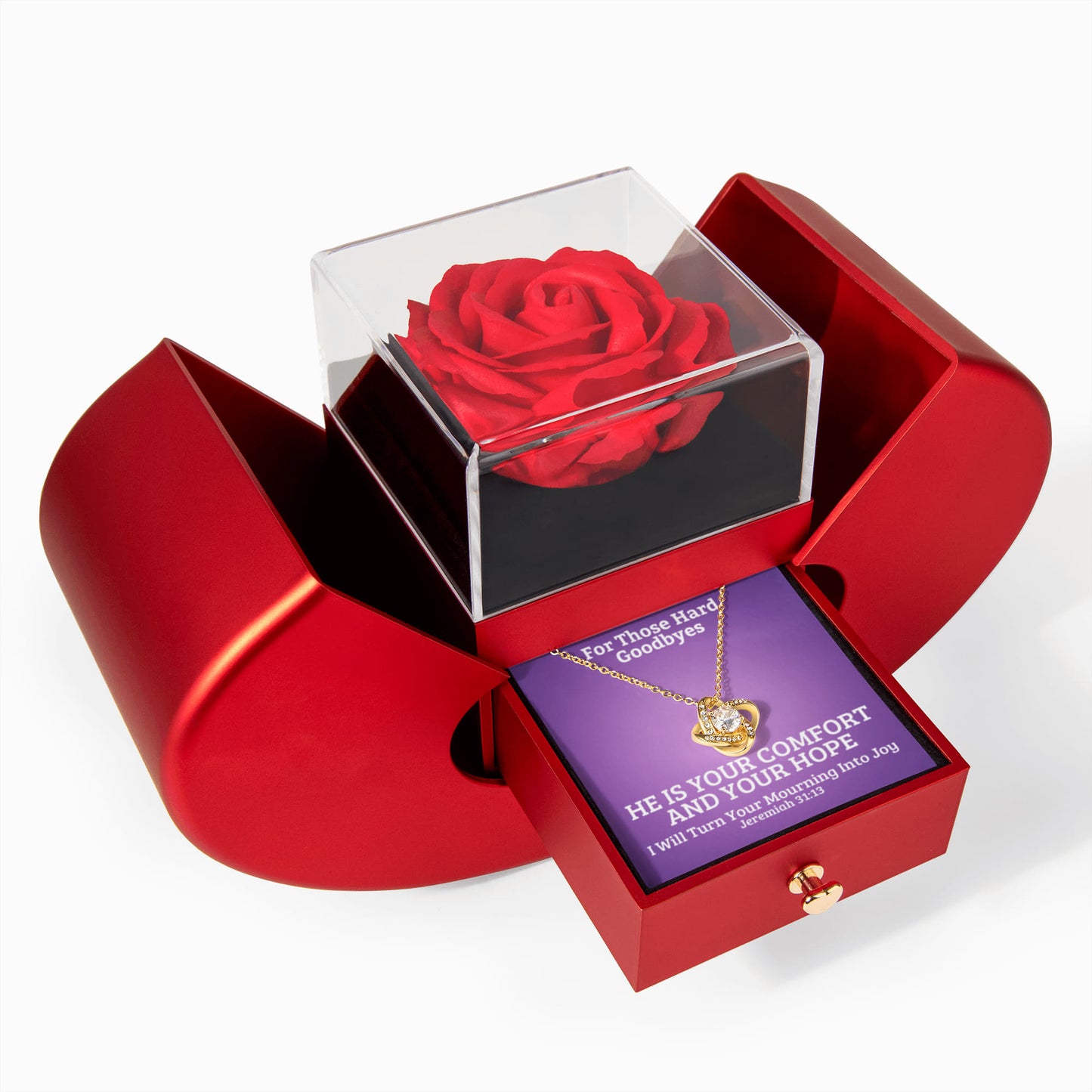I Will Turn Your Mourning Into Joy (Jeremiah 31:13) | Love Knot Necklace in Red Heart Rose Box