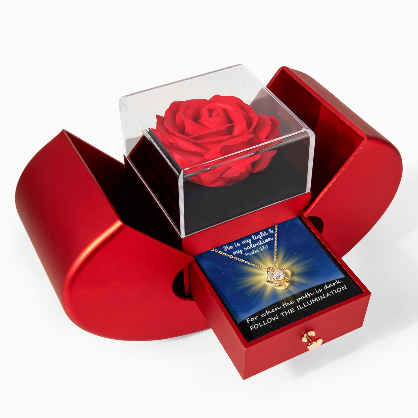 He Is My Light & My Salvation (Psalm 27:1) | Love Knot Necklace in Red Heart Rose Box