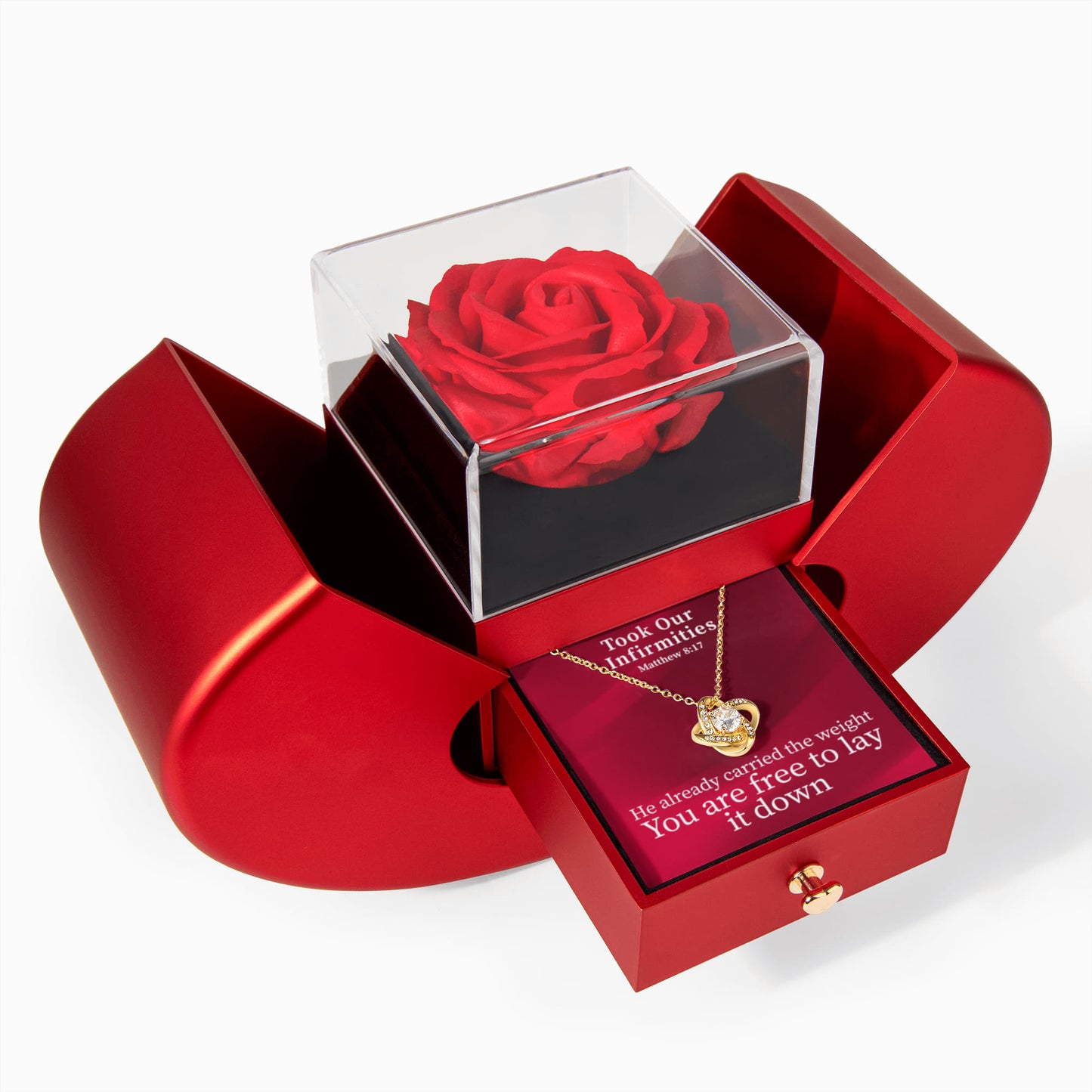 Took Our Infirmities (Matthew :17) | Love Knot Necklace in Red Heart Rose Box