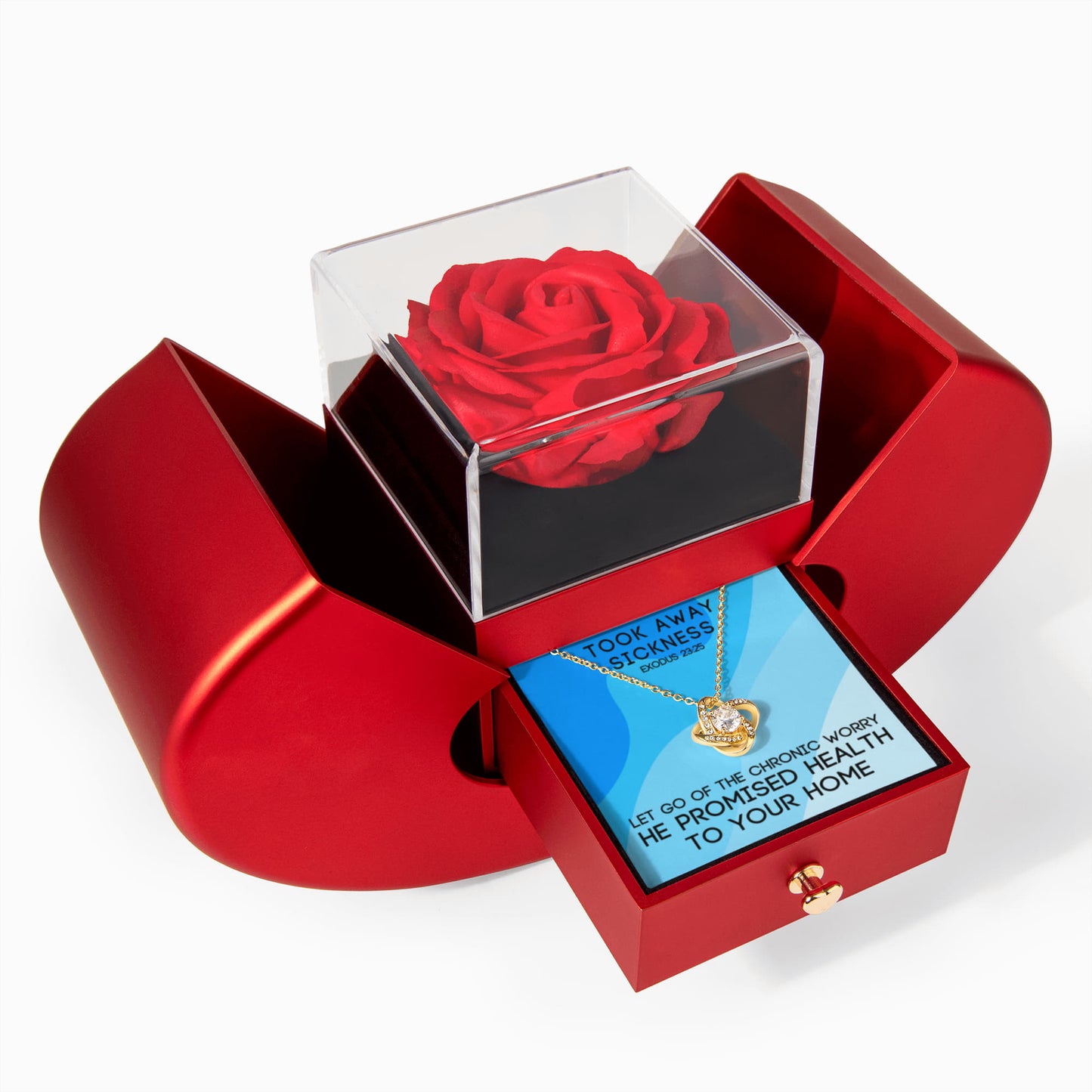 Took Away Sickness (Exodus 23:25) | Love Knot Necklace in Red Heart Rose Box