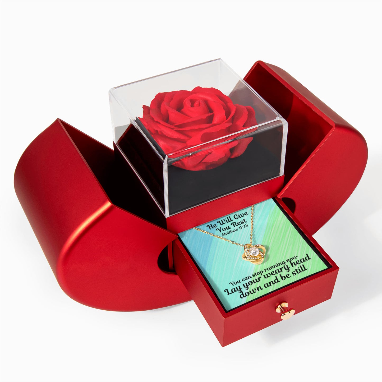 He Will Give You Rest (Matthew 11:28) | Love Knot Necklace in Red Heart Rose Box