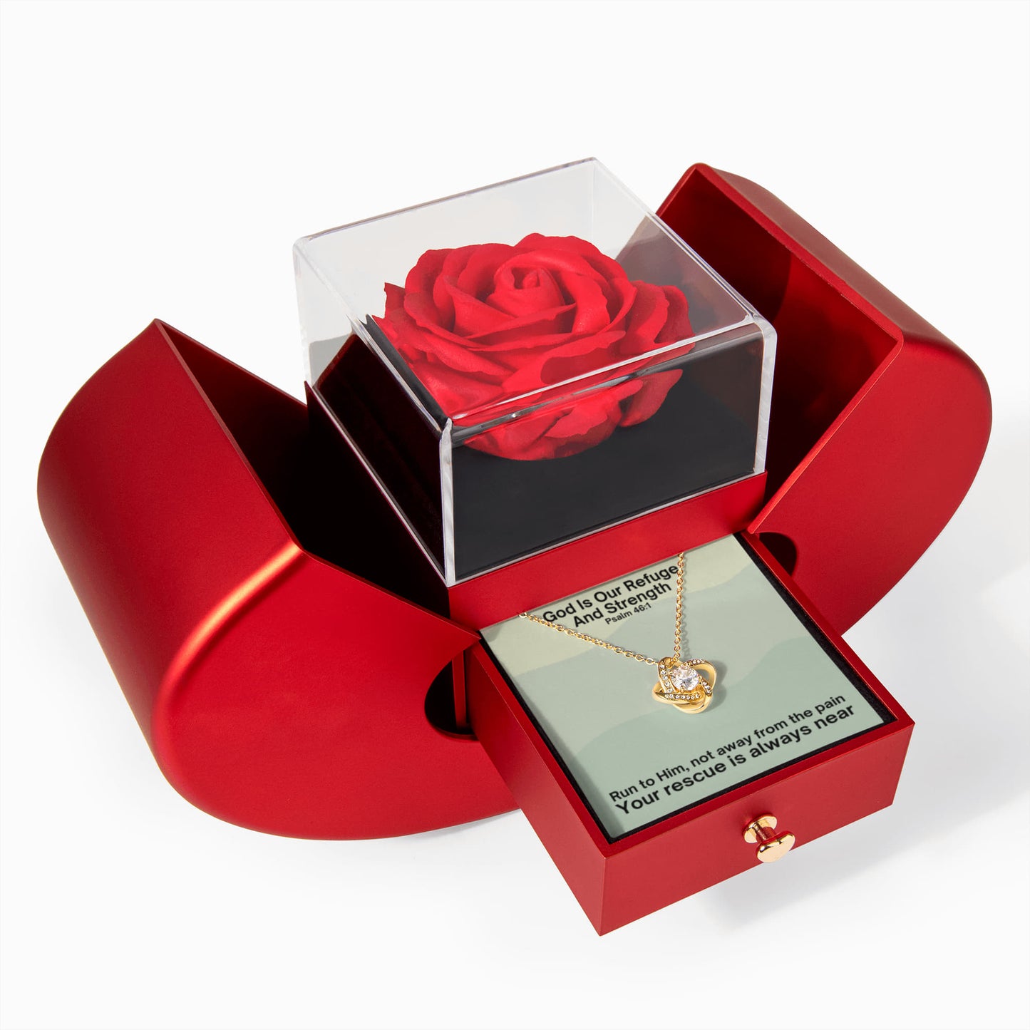 God Is Our Refuge And Strength (Psalm 46:1) | Love Knot Necklace in Red Heart Rose Box