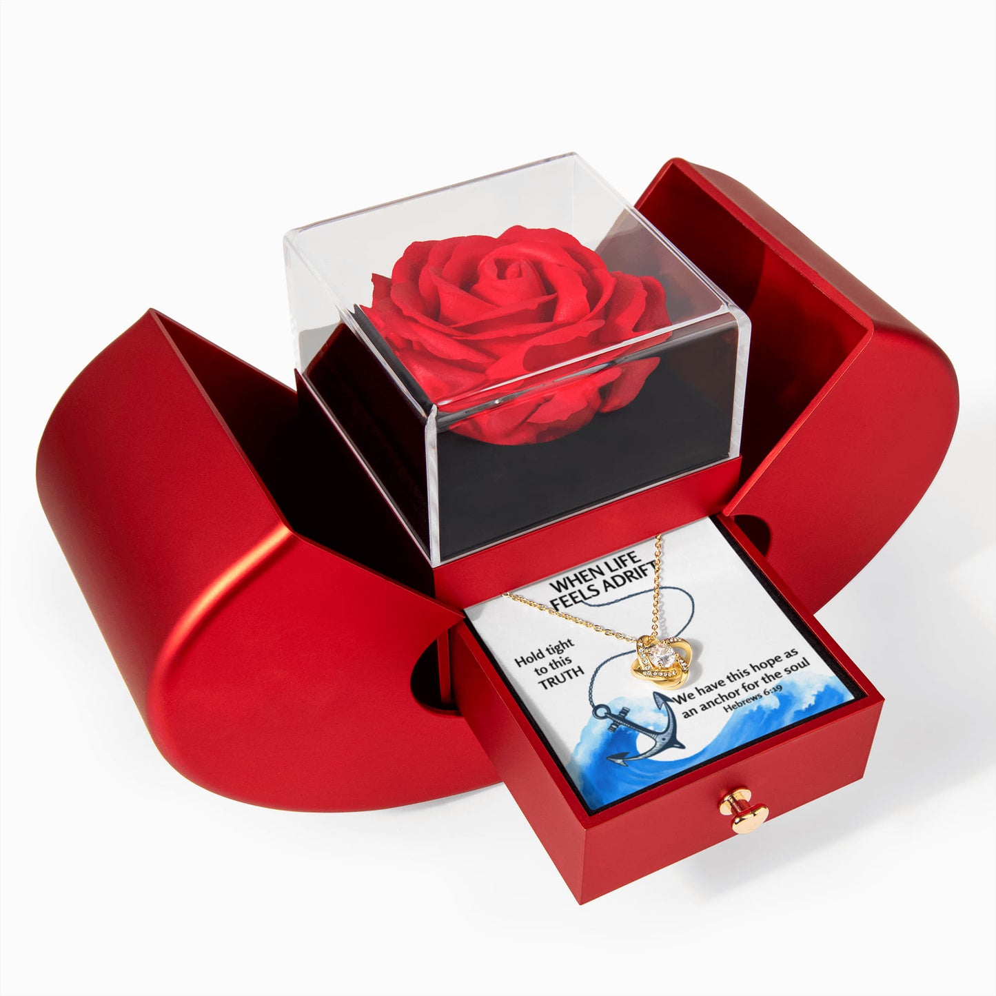 Hope Anchors The Soul (Hebrews 6:19) | Love Knot Necklace in Red Heart Rose Box