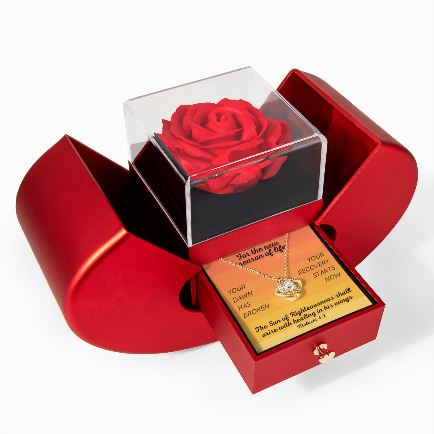 Healing In His Wings (Malachi 4:2) | Love Knot Necklace in Red Heart Rose Box