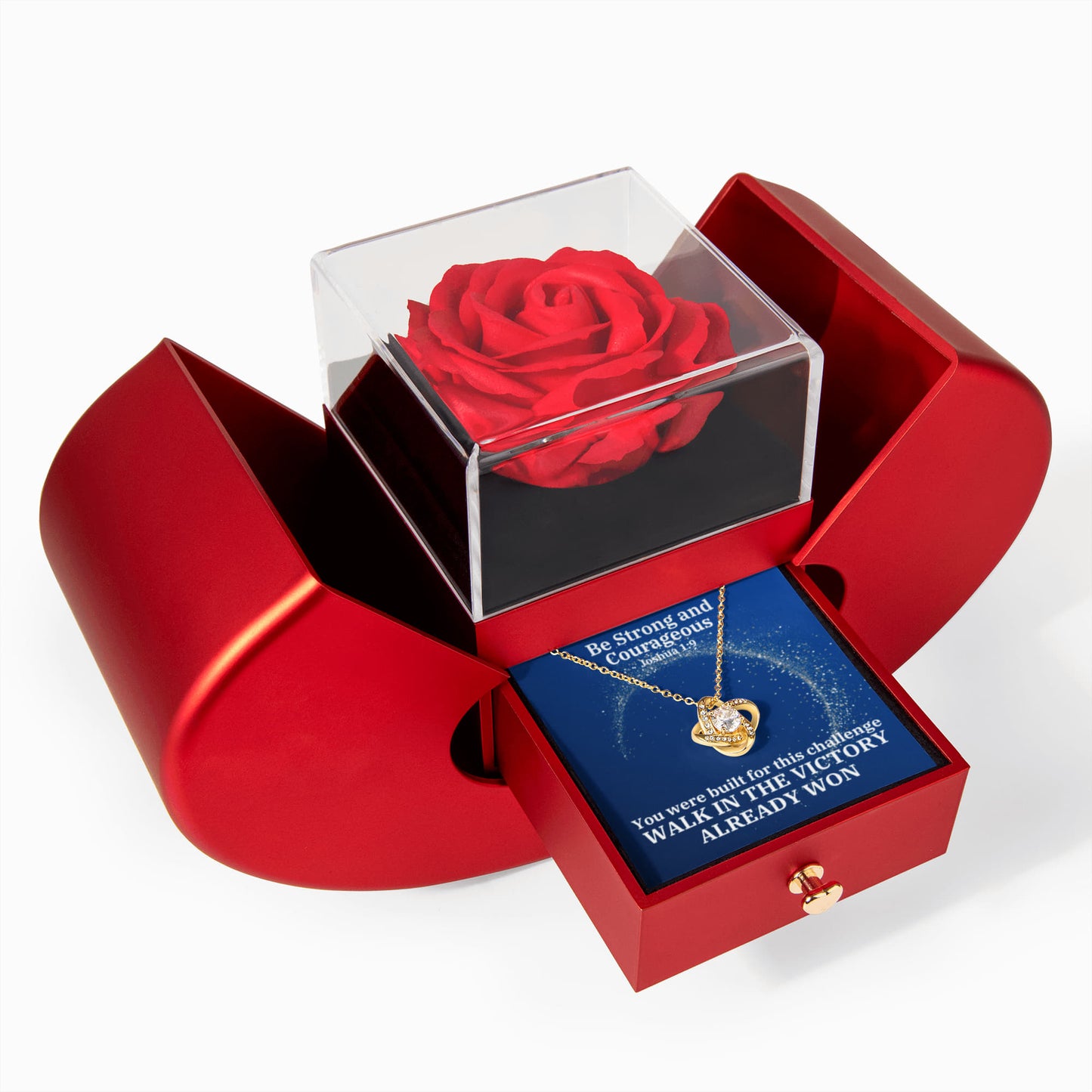 Be Strong And Courageous (Joshua 1:9) | Love Knot Necklace in Red Heart Rose Box