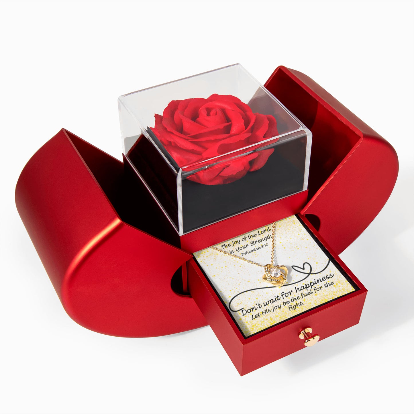 The Joy of the Lord Is Your Strength (Nehemiah 8:10) | Love Knot Necklace in Red Heart Rose Box
