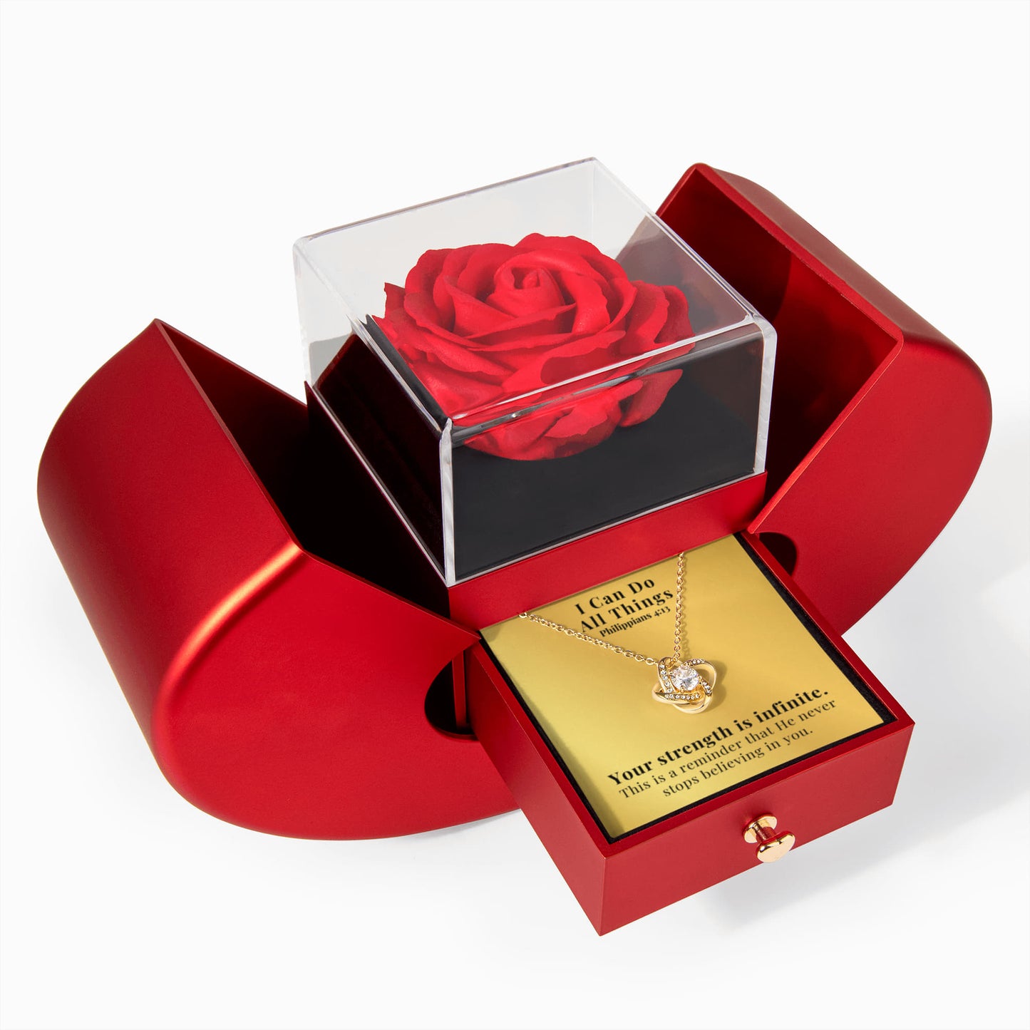 I Can Do All Things (Philippians 4:13) | Love Knot Necklace in Red Heart Rose Box