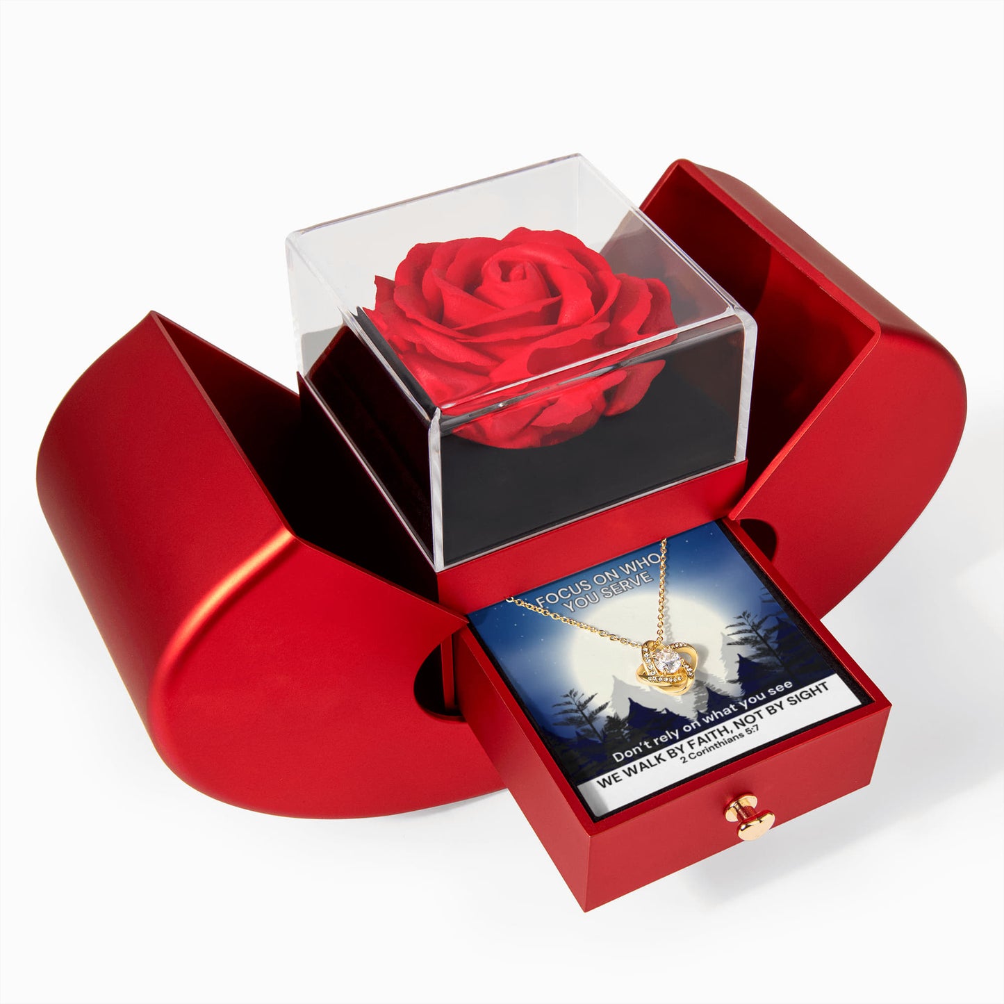 We Walk By Faith, Not By Sight (2 Corinthians 5:7) | Love Knot Necklace in Red Heart Rose Box