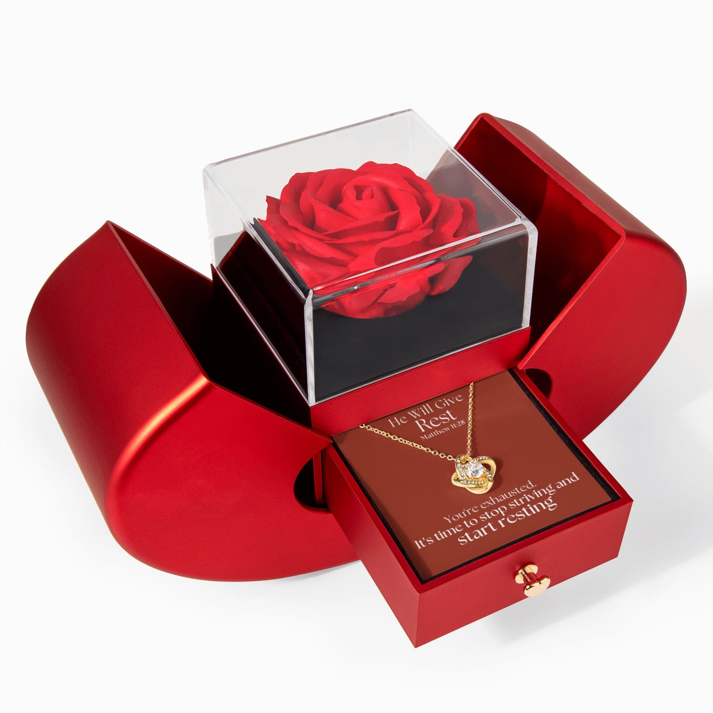 He Will Give  Rest (Matthew 11:28) | Love Knot Necklace in Red Heart Rose Box