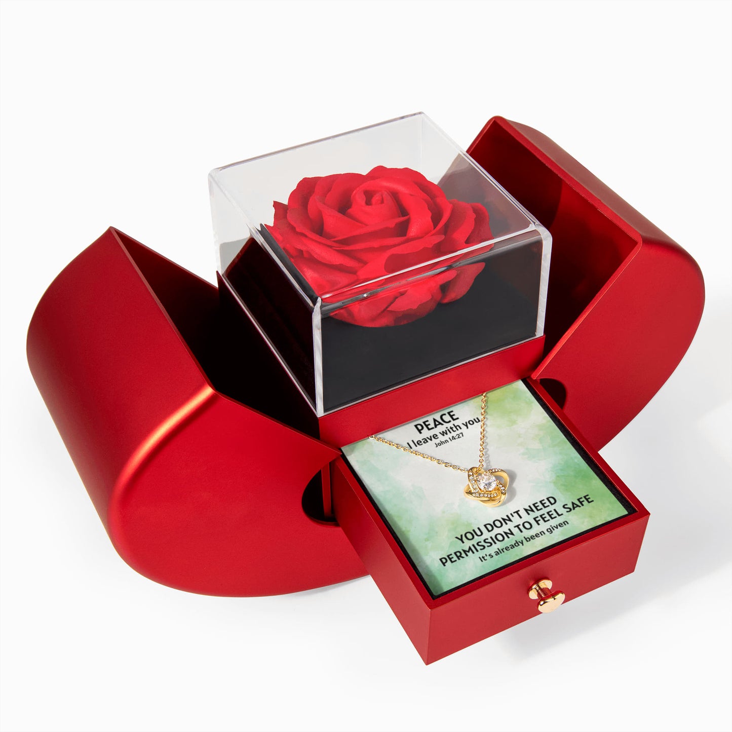 Peace I Leave With You (John 14:27) | Love Knot Necklace in Red Heart Rose Box