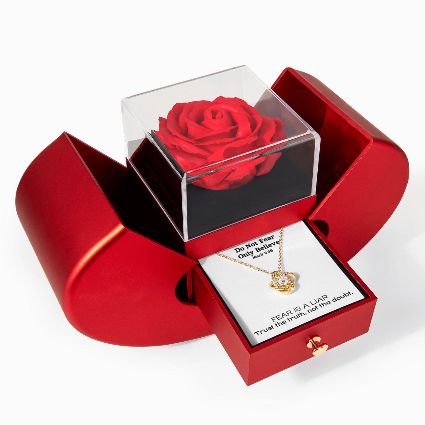 Do Not Fear Only Believe (Mark 5:36) | Love Knot Necklace in Red Heart Rose Box