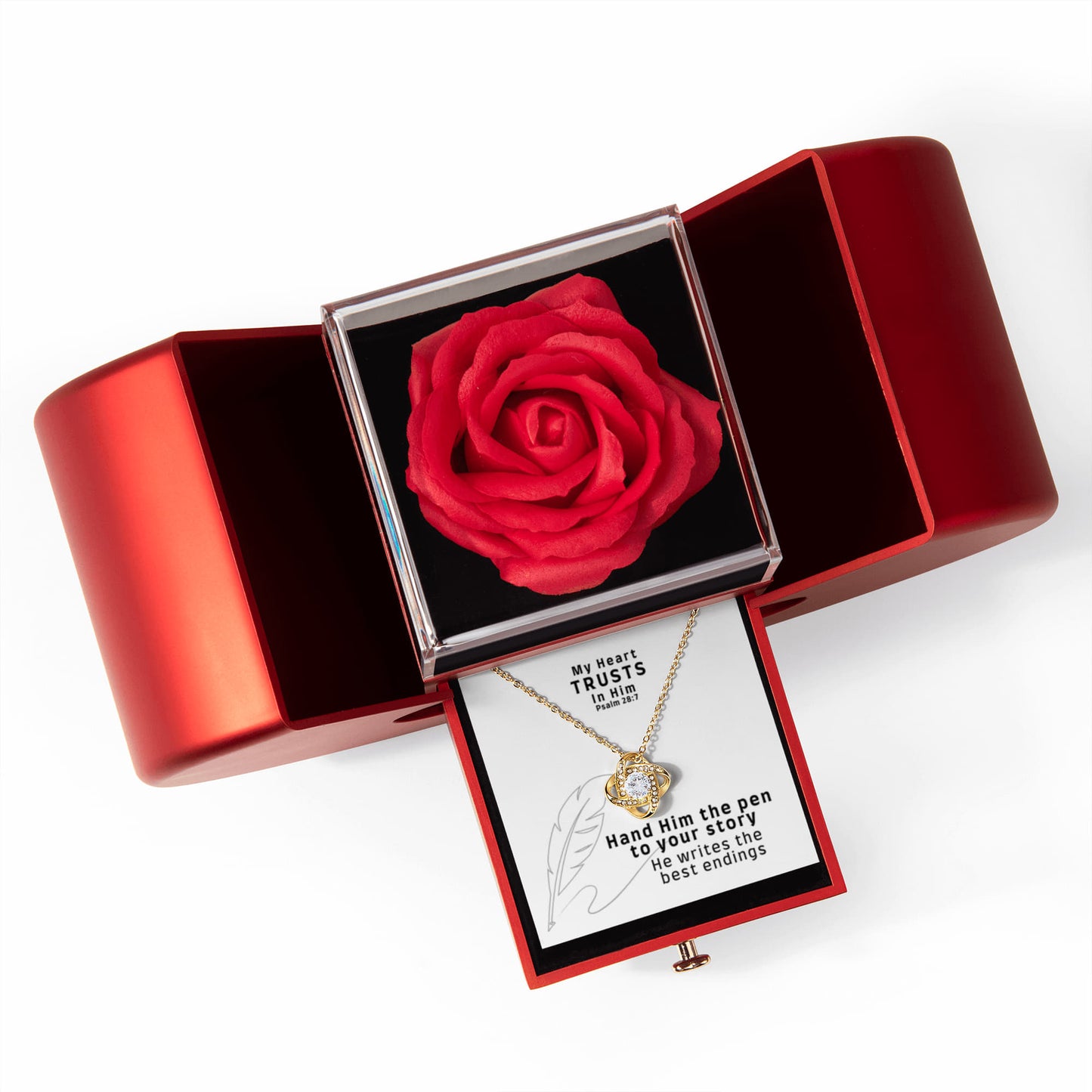 My Heart Trusts In Him (Psalm 28:7) | Love Knot Necklace in Red Heart Rose Box