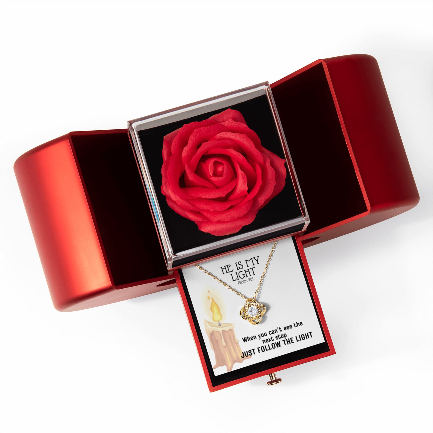 He Is My Light (Psalm 27:1) | Love Knot Necklace in Red Heart Rose Box