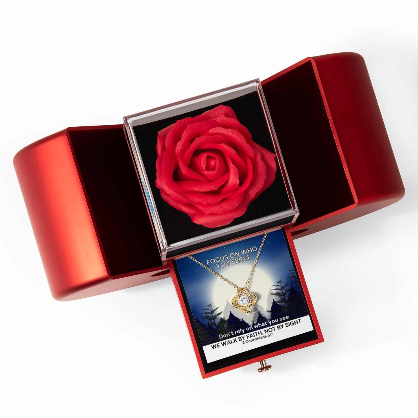 We Walk By Faith, Not By Sight (2 Corinthians 5:7) | Love Knot Necklace in Red Heart Rose Box