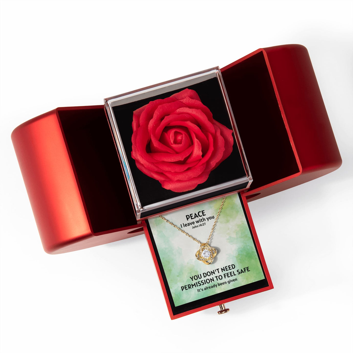 Peace I Leave With You (John 14:27) | Love Knot Necklace in Red Heart Rose Box