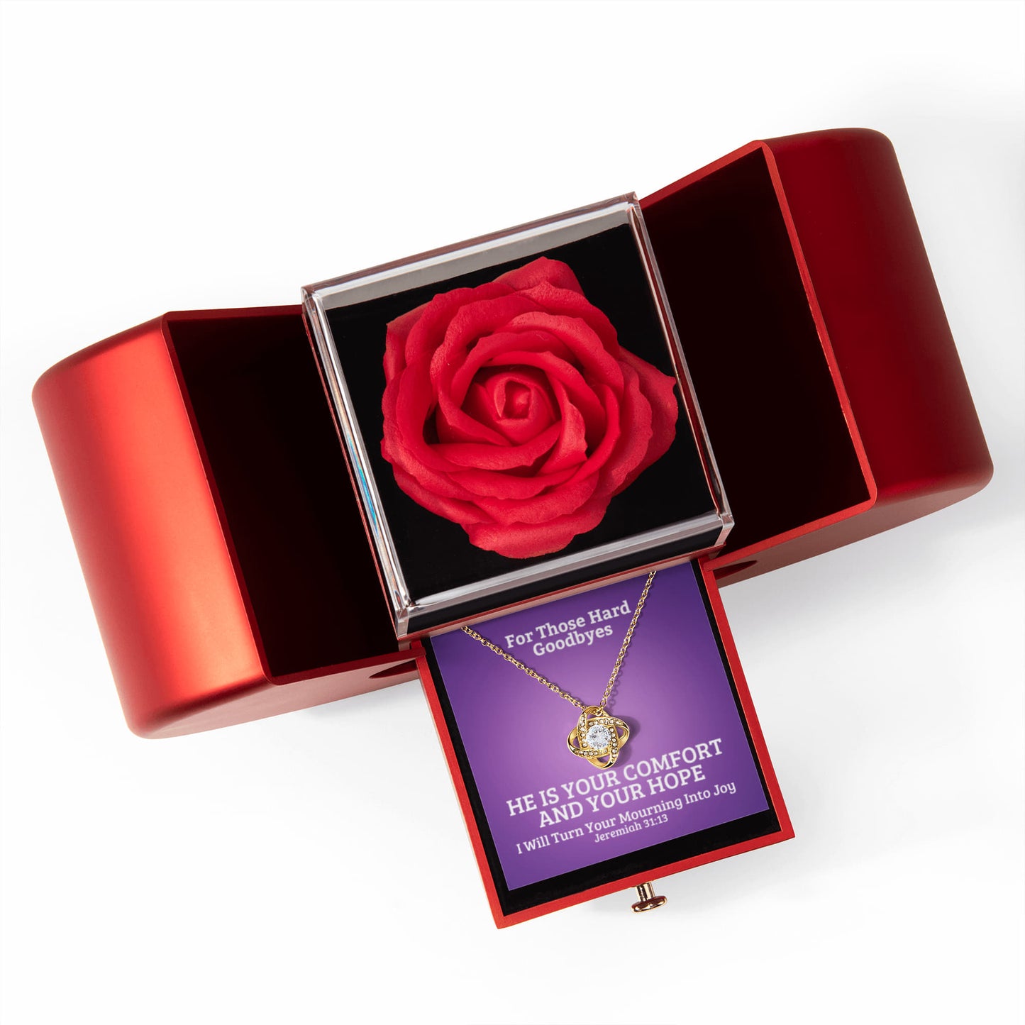 I Will Turn Your Mourning Into Joy (Jeremiah 31:13) | Love Knot Necklace in Red Heart Rose Box
