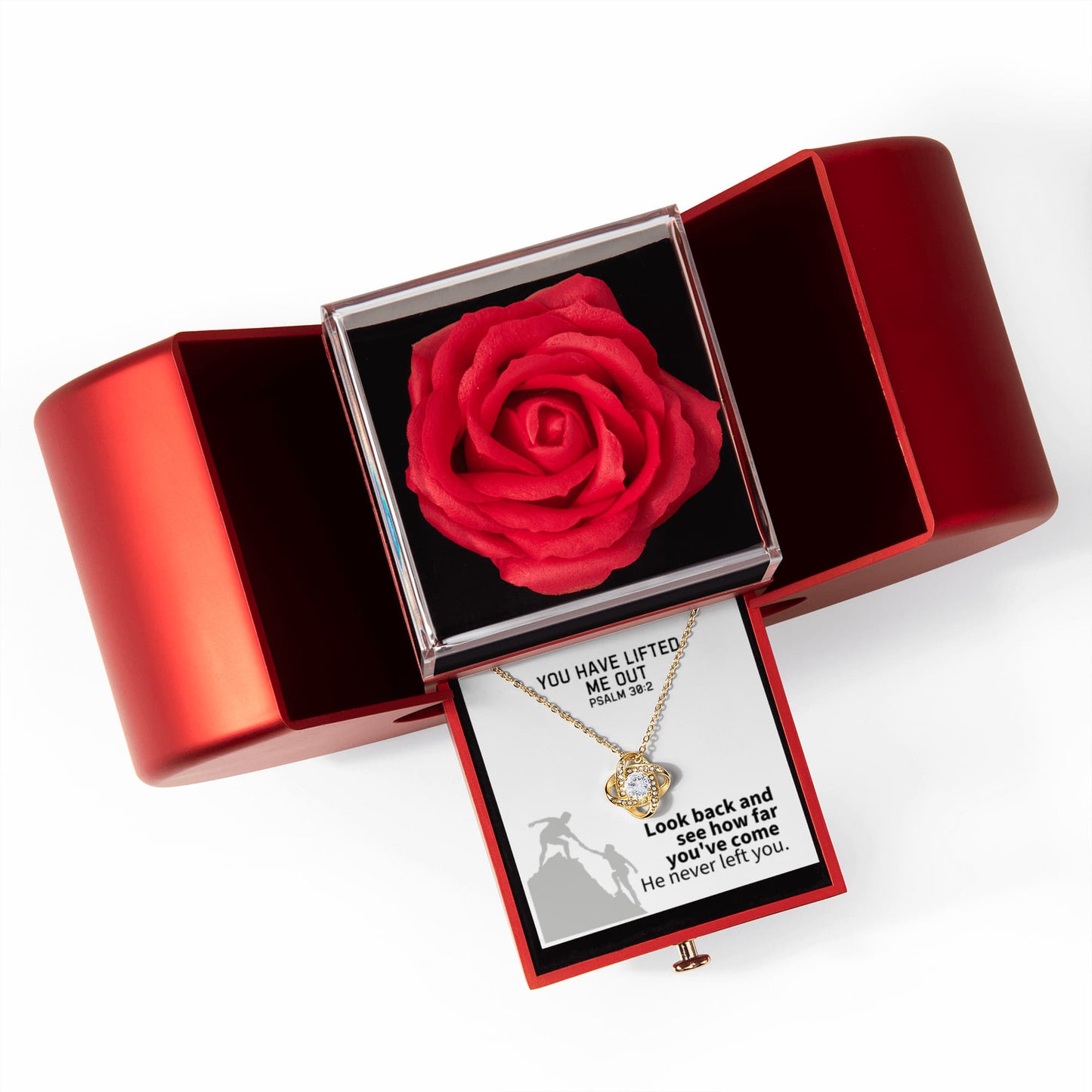 You Have Lifted Me Out (Psalm 30:2) | Love Knot Necklace in Red Heart Rose Box