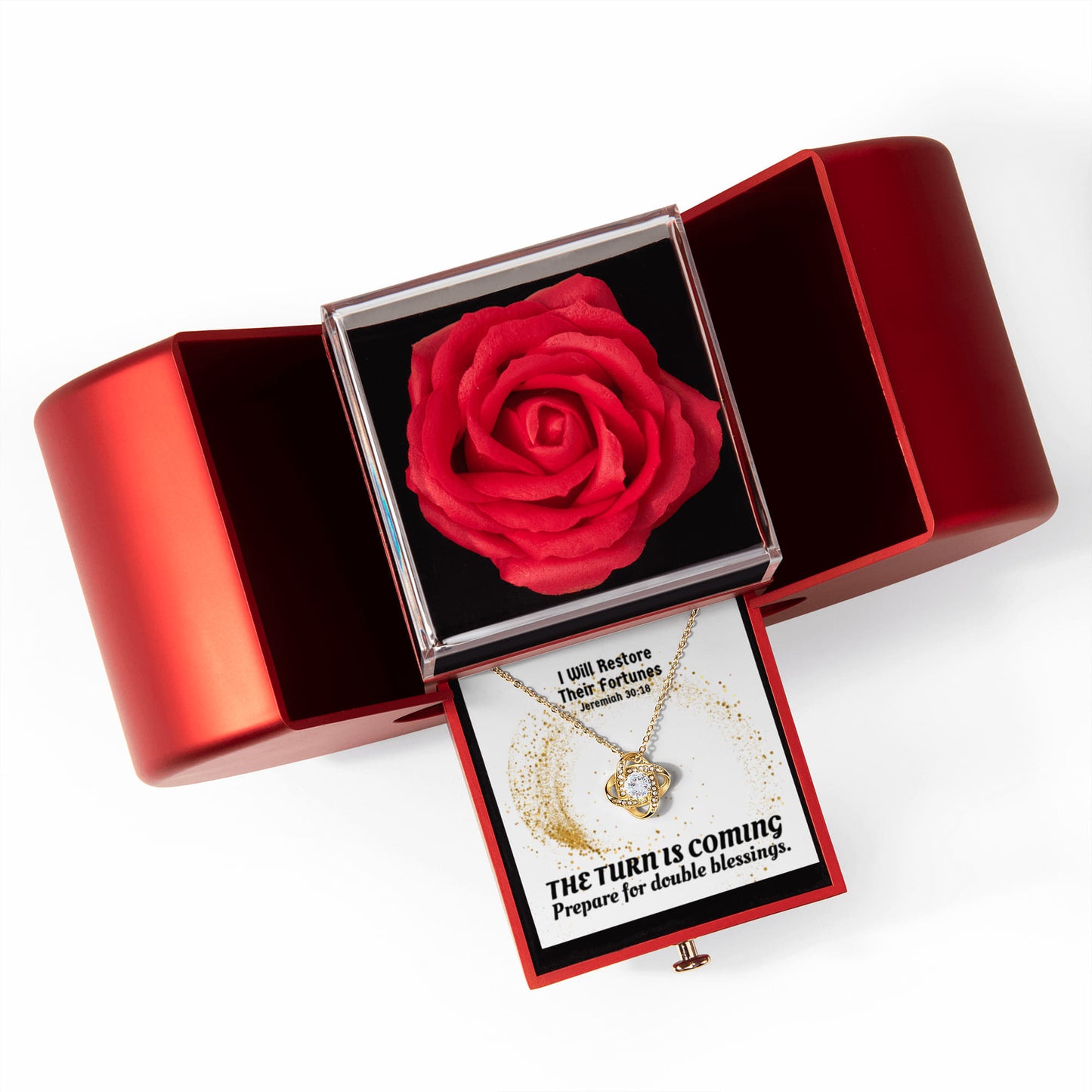 I Will Restore Their Fortunes (Jeremiah 30:18) | Love Knot Necklace in Red Heart Rose Box