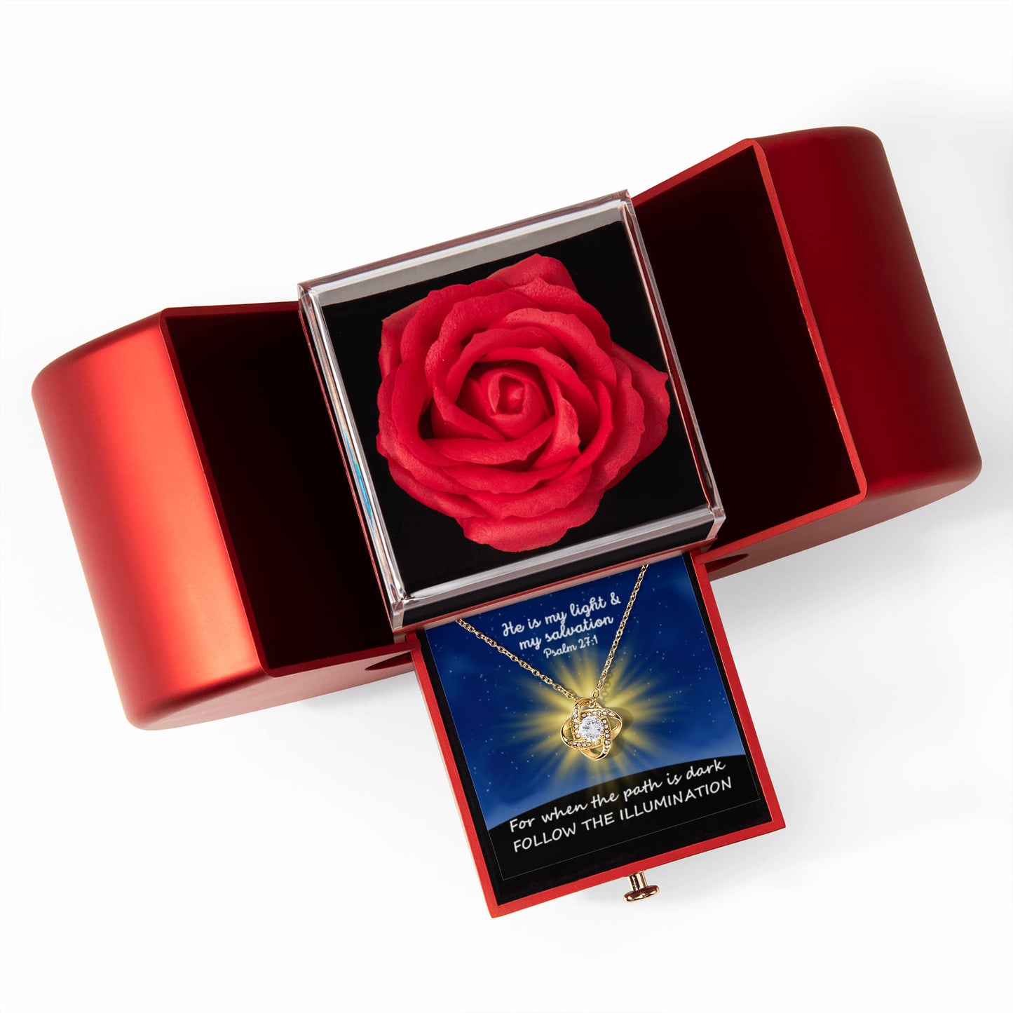 He Is My Light & My Salvation (Psalm 27:1) | Love Knot Necklace in Red Heart Rose Box