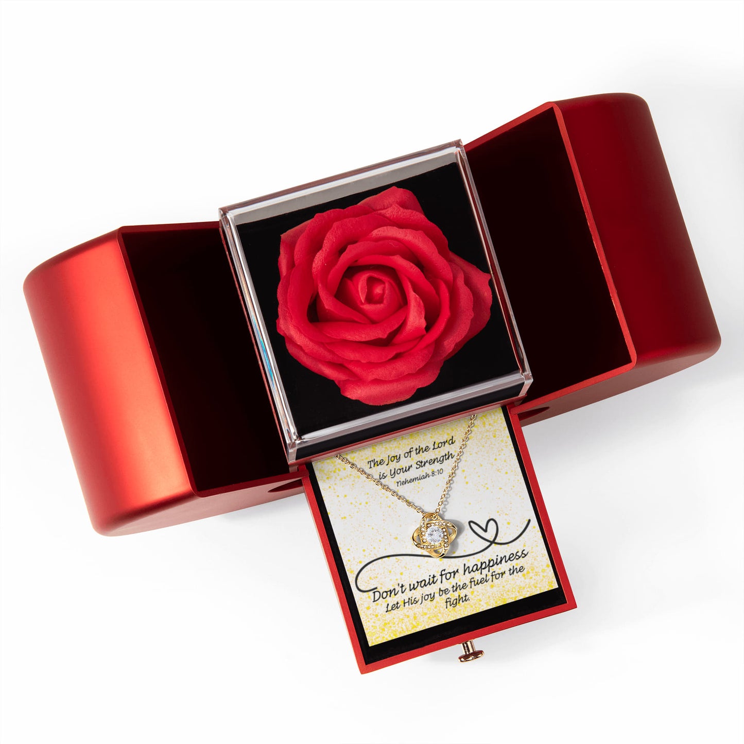 The Joy of the Lord Is Your Strength (Nehemiah 8:10) | Love Knot Necklace in Red Heart Rose Box