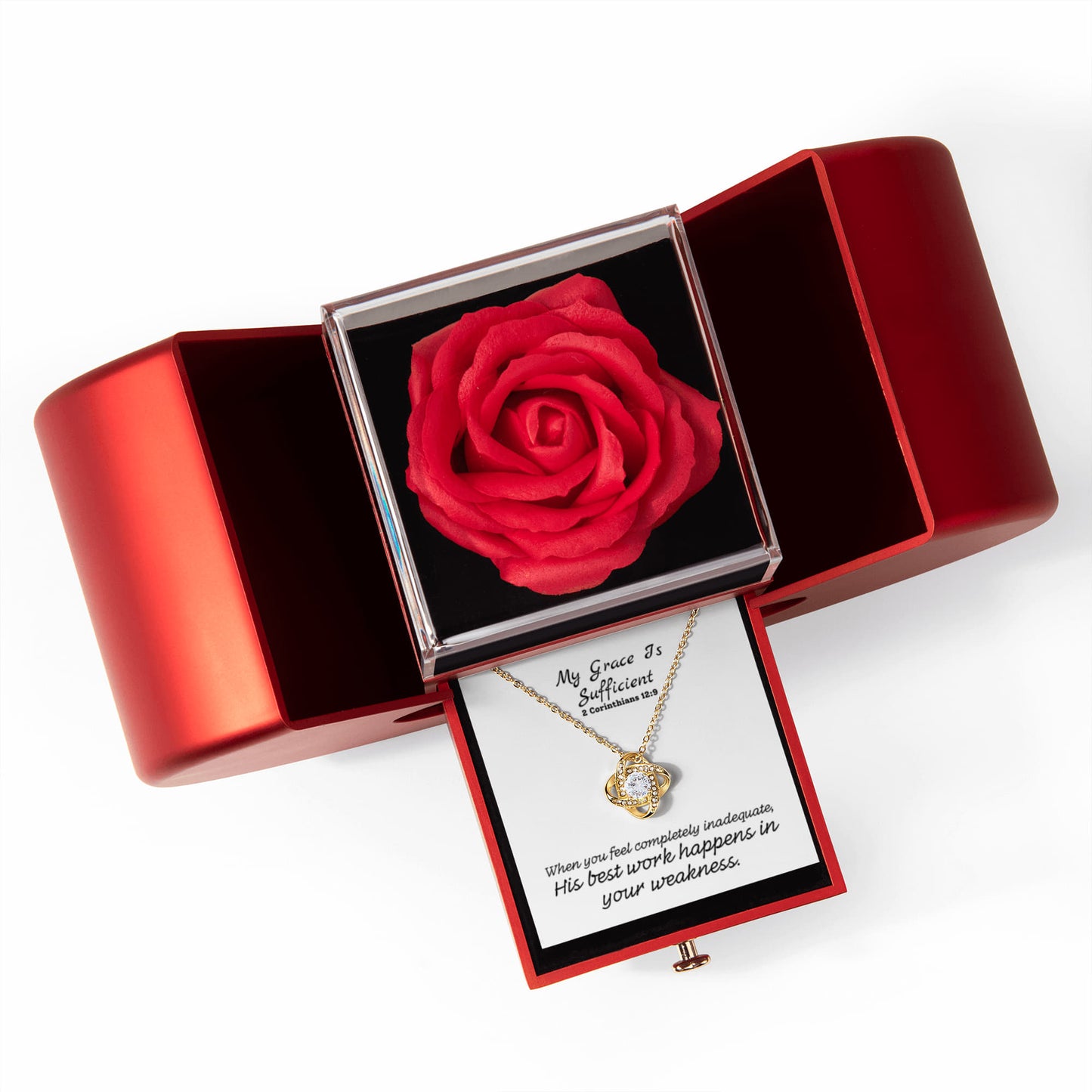 My Grace Is Sufficient (2 Corinthians 12:9) |  Love Knot Necklace in Red Heart Rose Box
