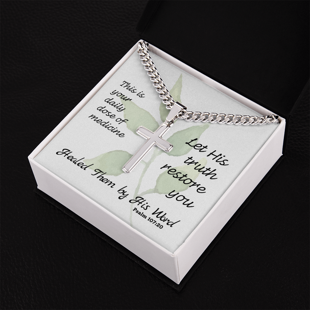 Healed Them By His Words (Psalm 107:20) | Premium Sterling Silver Cuban Link Cross Necklace