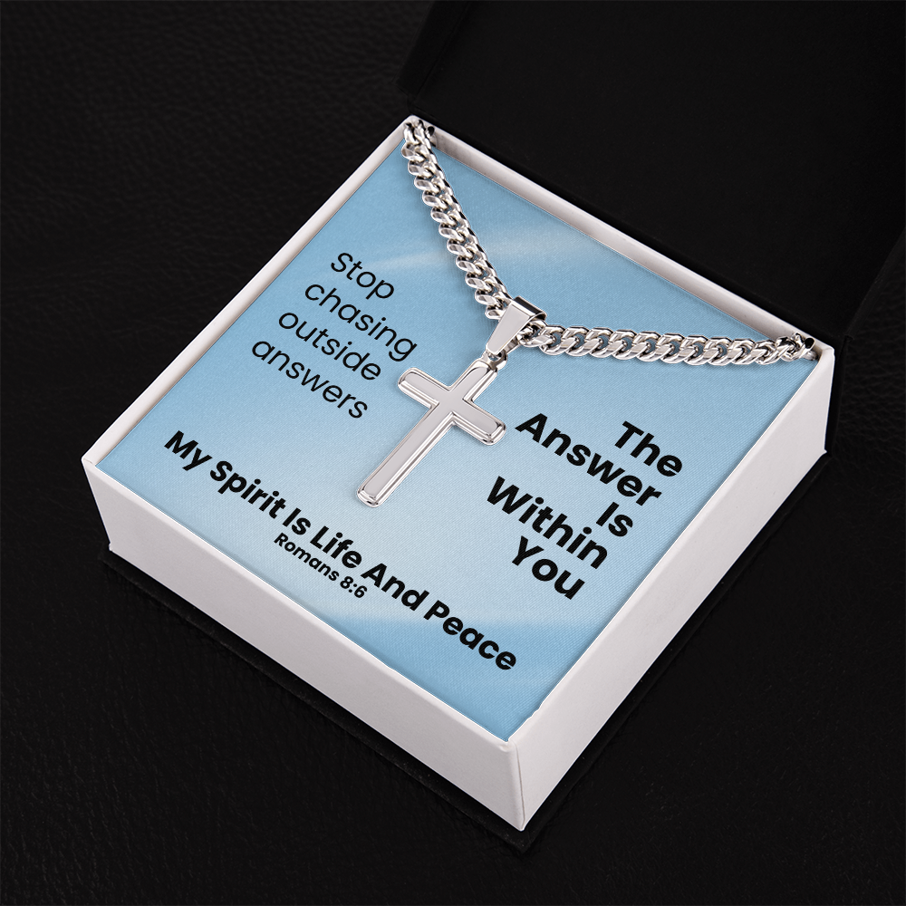 My Spirit Is Life And Peace (Romans 8:6) | Premium Sterling Silver Cuban Link Cross Necklace