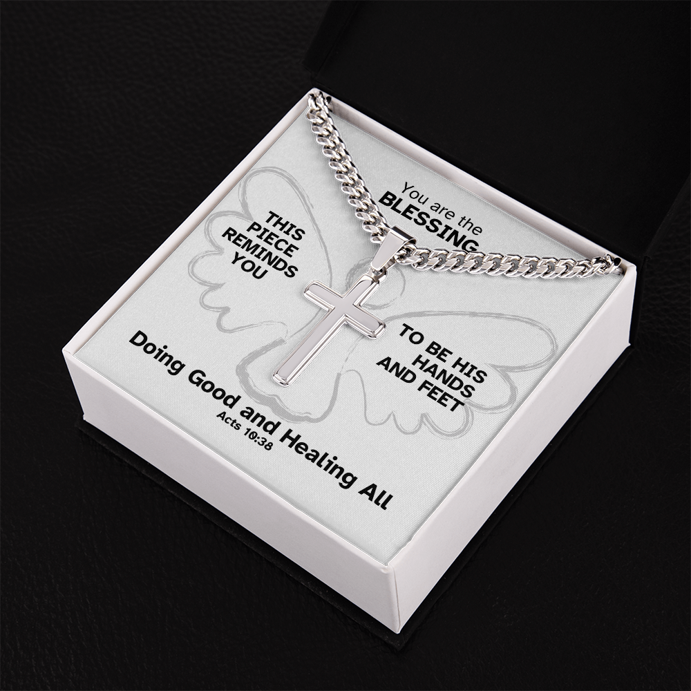 Doing Good And Healing All (Acts 10:38) | Premium Sterling Silver Cuban Link Cross Necklace