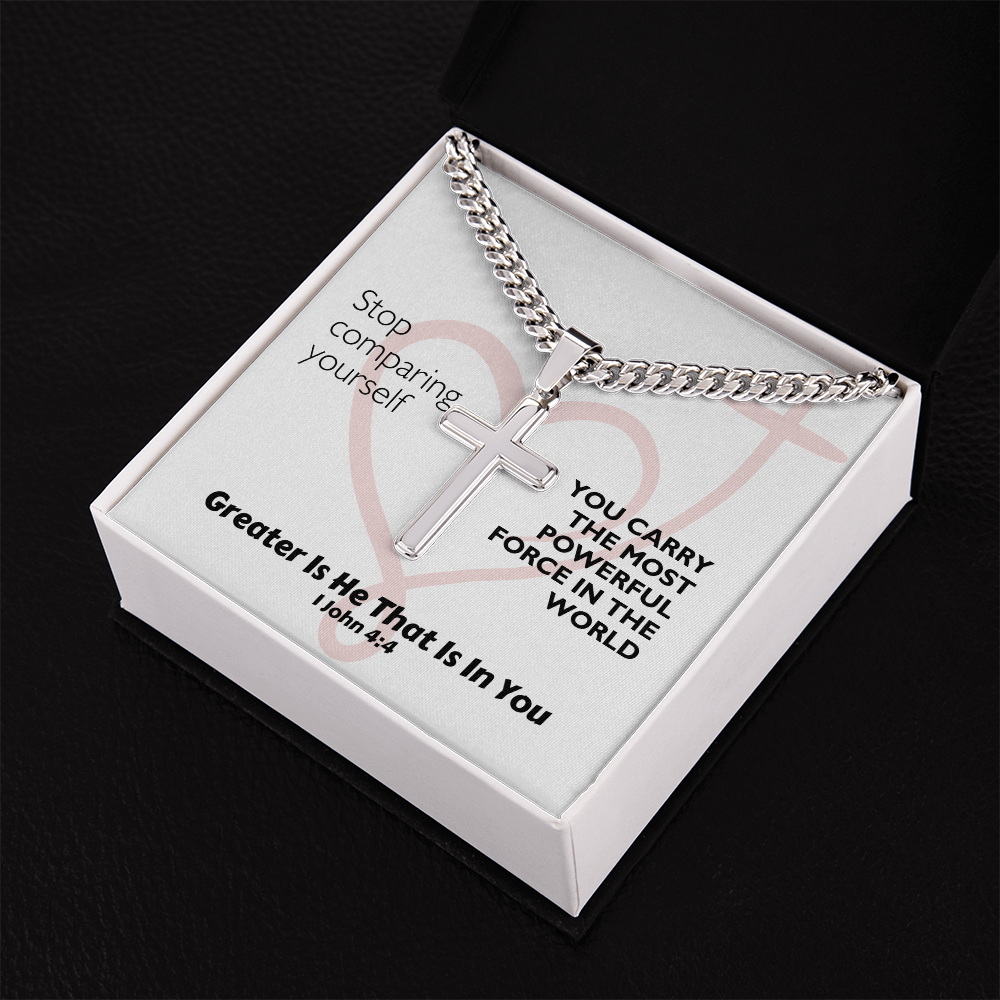 Greater Is He That Is In You (1 John 4:4) | Premium Sterling Silver Cuban Link Cross Necklace