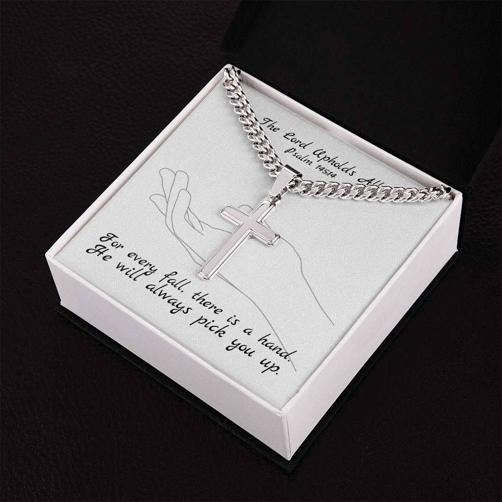 The Lord Upholds All (Psalm 145:14) | Premium Sterling Silver Cuban Link Cross Necklace