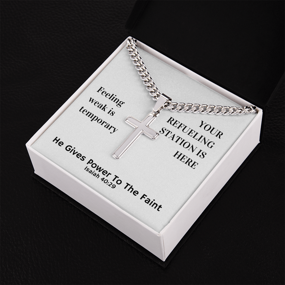 He Gives Power To The Faint (Isaiah 40:29) | Premium Sterling Silver Cuban Link Cross Necklace