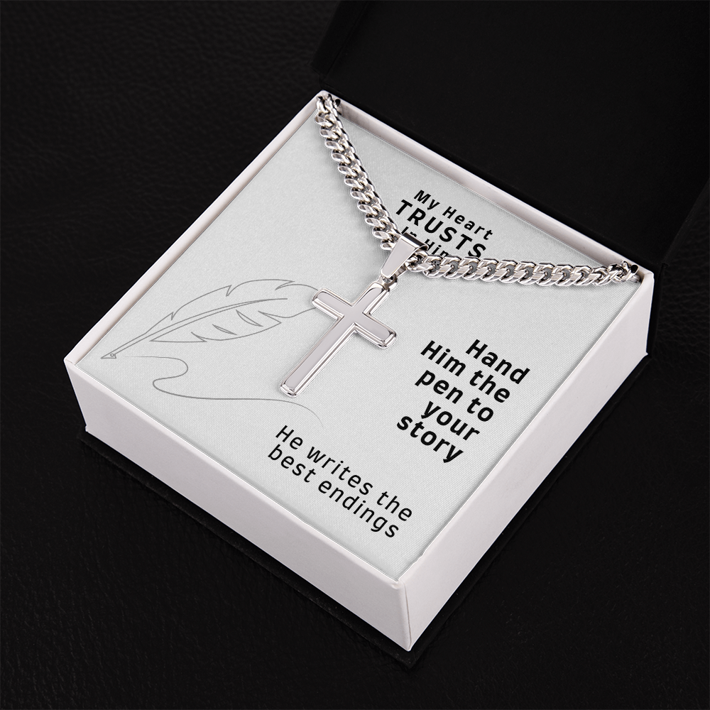 My Heart Trusts In Him (Psalm 28:7) | Premium Sterling Silver Cuban Link Cross Necklace