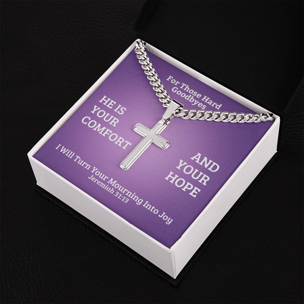 I Will Turn Your Mourning Into Joy (Jeremiah 31:13) | Premium Sterling Silver Cuban Link Cross Necklace