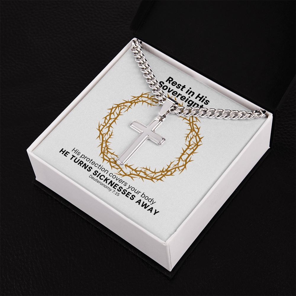 He Turns Sicknesses Away (Deuteronomy 7:15) | Premium Sterling Silver Cuban Link Cross Necklace