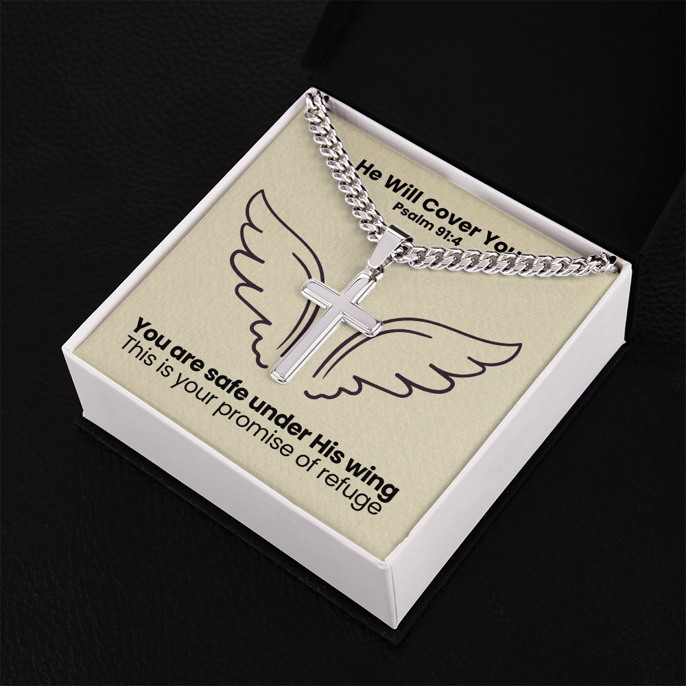 He Will Cover You (Psalm 91:4) | Premium Sterling Silver Cuban Link Cross Necklace