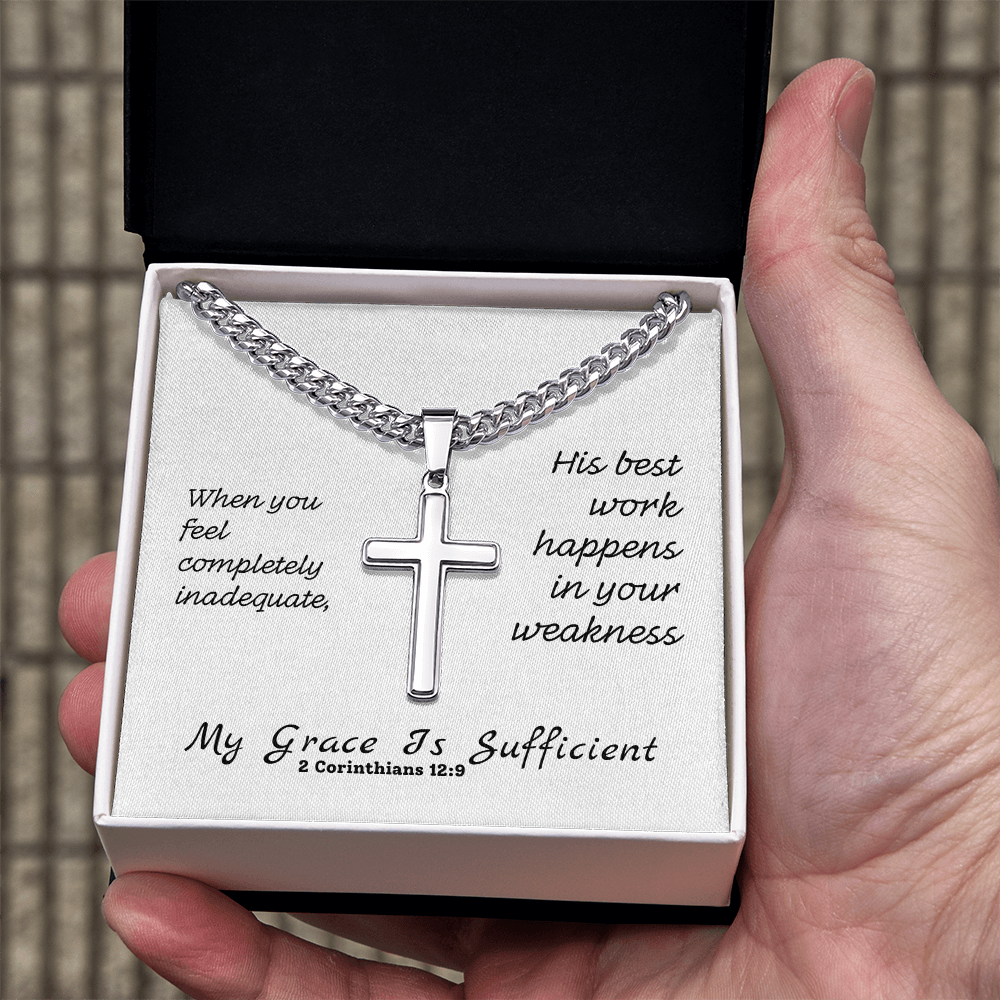 My Grace Is Sufficient (2 Corinthians 12:9) | Premium Sterling Silver Cuban Link Cross Necklace