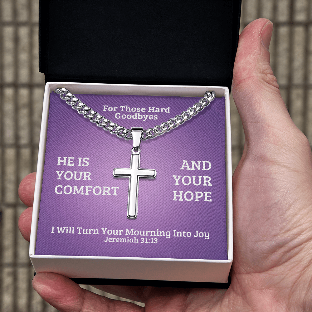 I Will Turn Your Mourning Into Joy (Jeremiah 31:13) | Premium Sterling Silver Cuban Link Cross Necklace