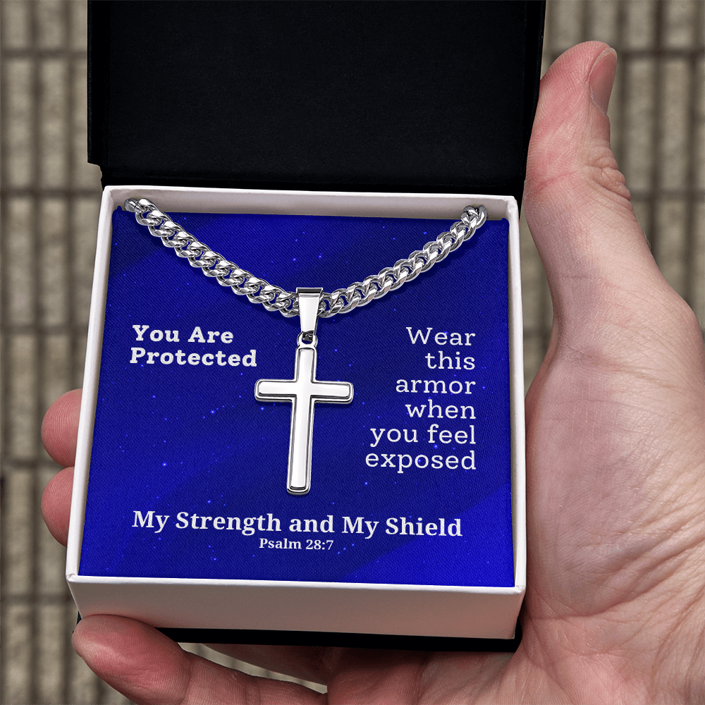 My Strength and My Shield (Psalm 28:7) | Premium Sterling Silver Cuban Link Cross Necklace
