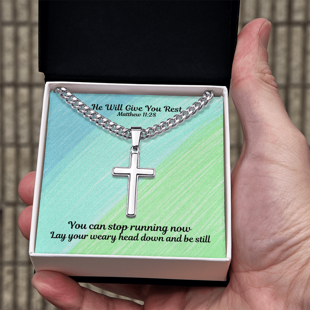 He Will Give You Rest (Matthew 11:28) | Premium Sterling Silver Cuban Link Cross Necklace