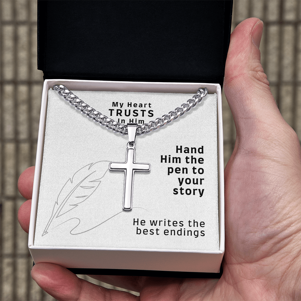 My Heart Trusts In Him (Psalm 28:7) | Premium Sterling Silver Cuban Link Cross Necklace