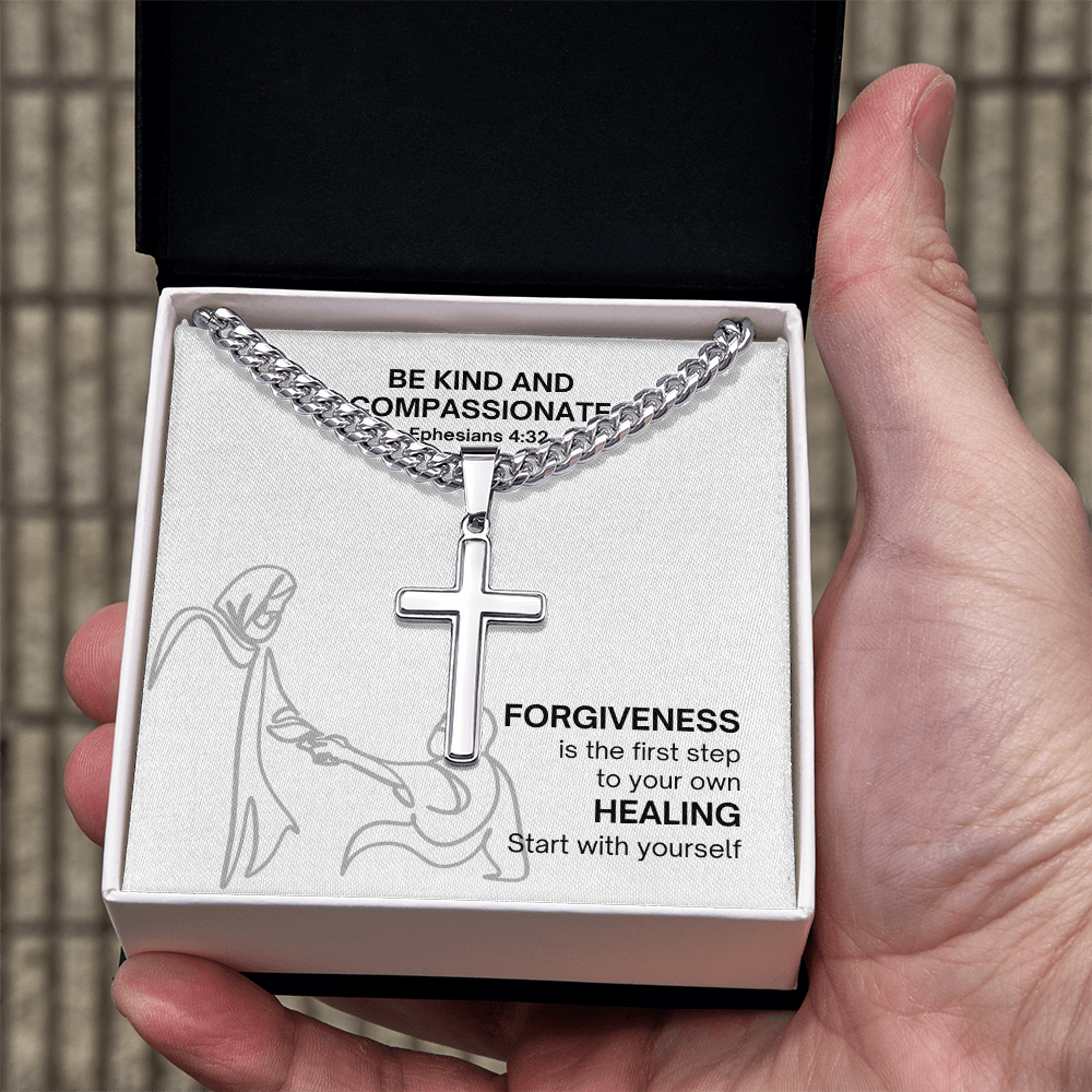 Be Kind And Compassionate (Ephesians 4:32) | Premium Sterling Silver Cuban Link Cross Necklace