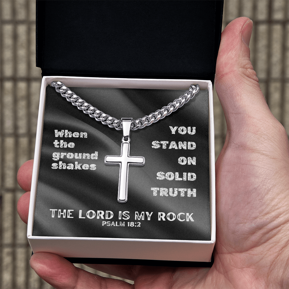 The Lord Is My Rock (Psalm 18:2) | Premium Sterling Silver Cuban Link Cross Necklace