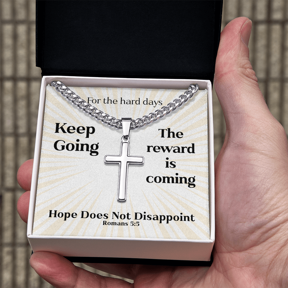 Hope Does Not Disappoint (Romans 5:5) | Premium Sterling Silver Cuban Link Cross Necklace