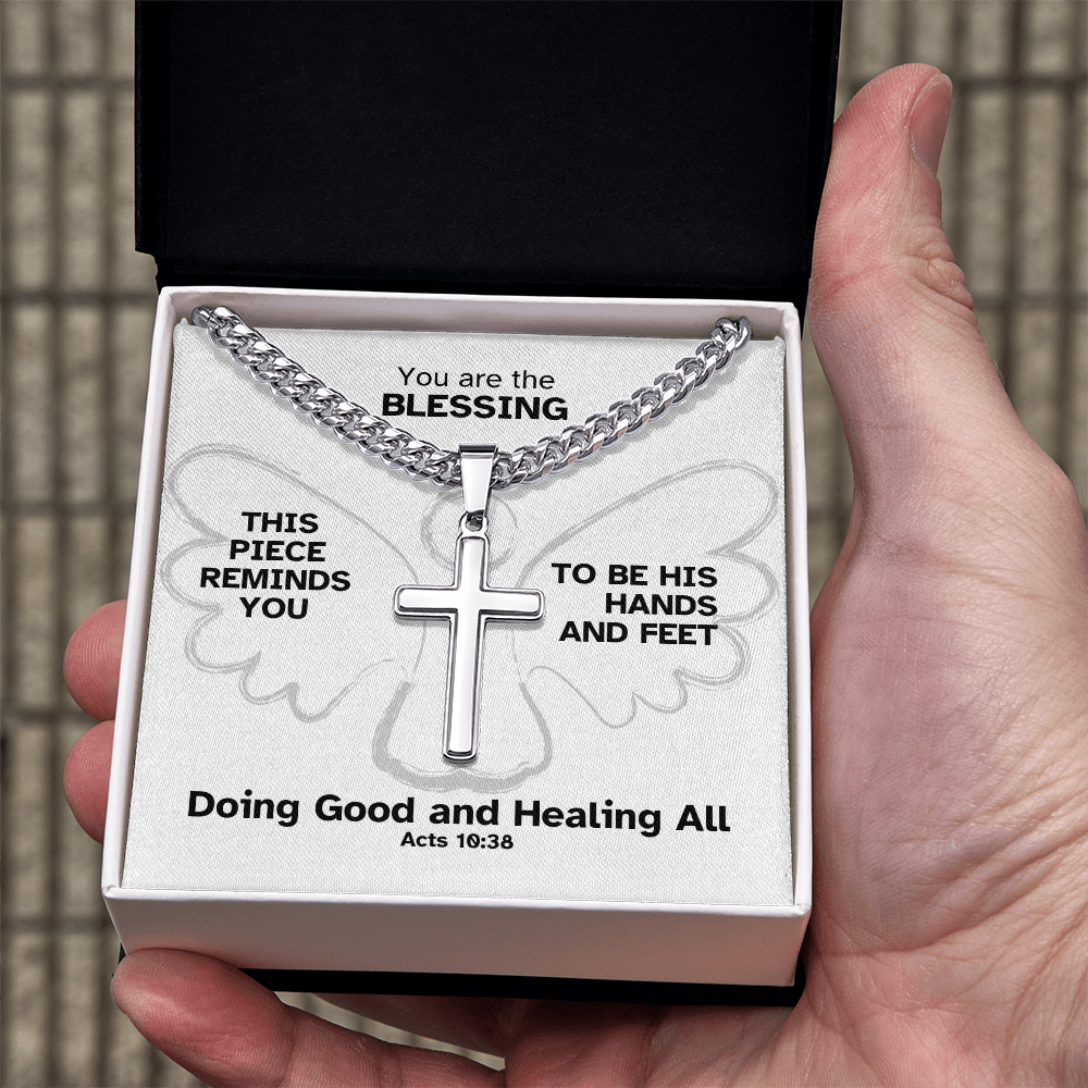 Doing Good And Healing All (Acts 10:38) | Premium Sterling Silver Cuban Link Cross Necklace