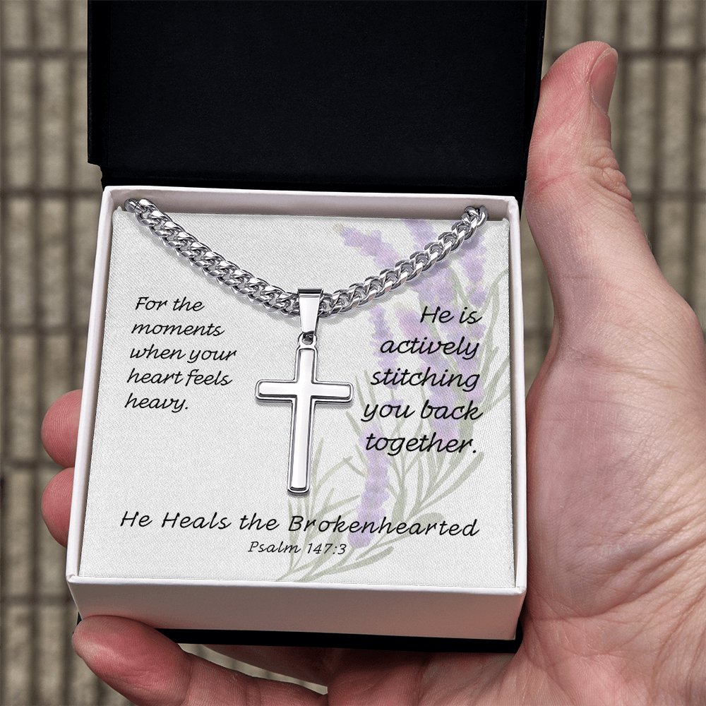 He Heals The Brokenhearted (Psalm 147:3) | Premium Sterling Silver Cuban Link Cross Necklace